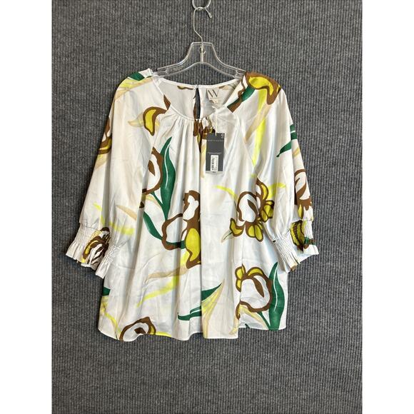 Worthington Womens Blouse Size XL White Floral Satiny Smocked Cuff Office Career - Picture 1 of 9